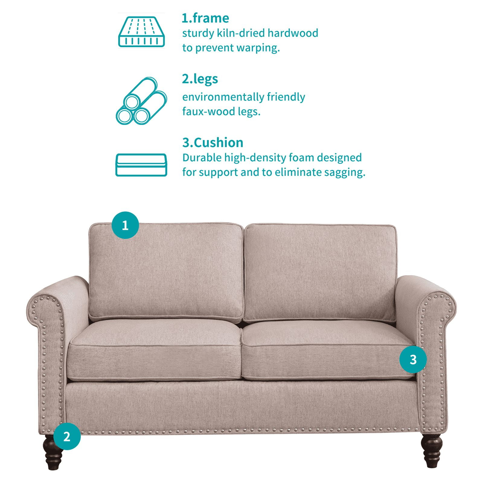 MUZZ Living Room Furniture Sets with 5.9"Upholstered Cushion, 3-Seater Sofa Couch, Loveseat and Single Sofa Chair, Sofa Set for Living Room(Beige)