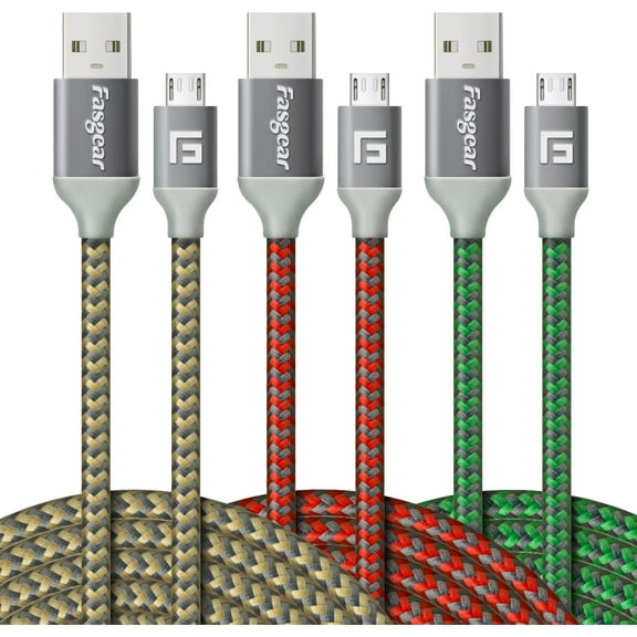 Micro USB Cable 10ft,Fasgear 3 Pack Fast Charging Nylon Braided Android Charger USB 2.0 High Speed Data Sync Compatible for Galaxy S7, Tablets, Cameras and Micro USB Devices,3m(Gold,Red,Green)