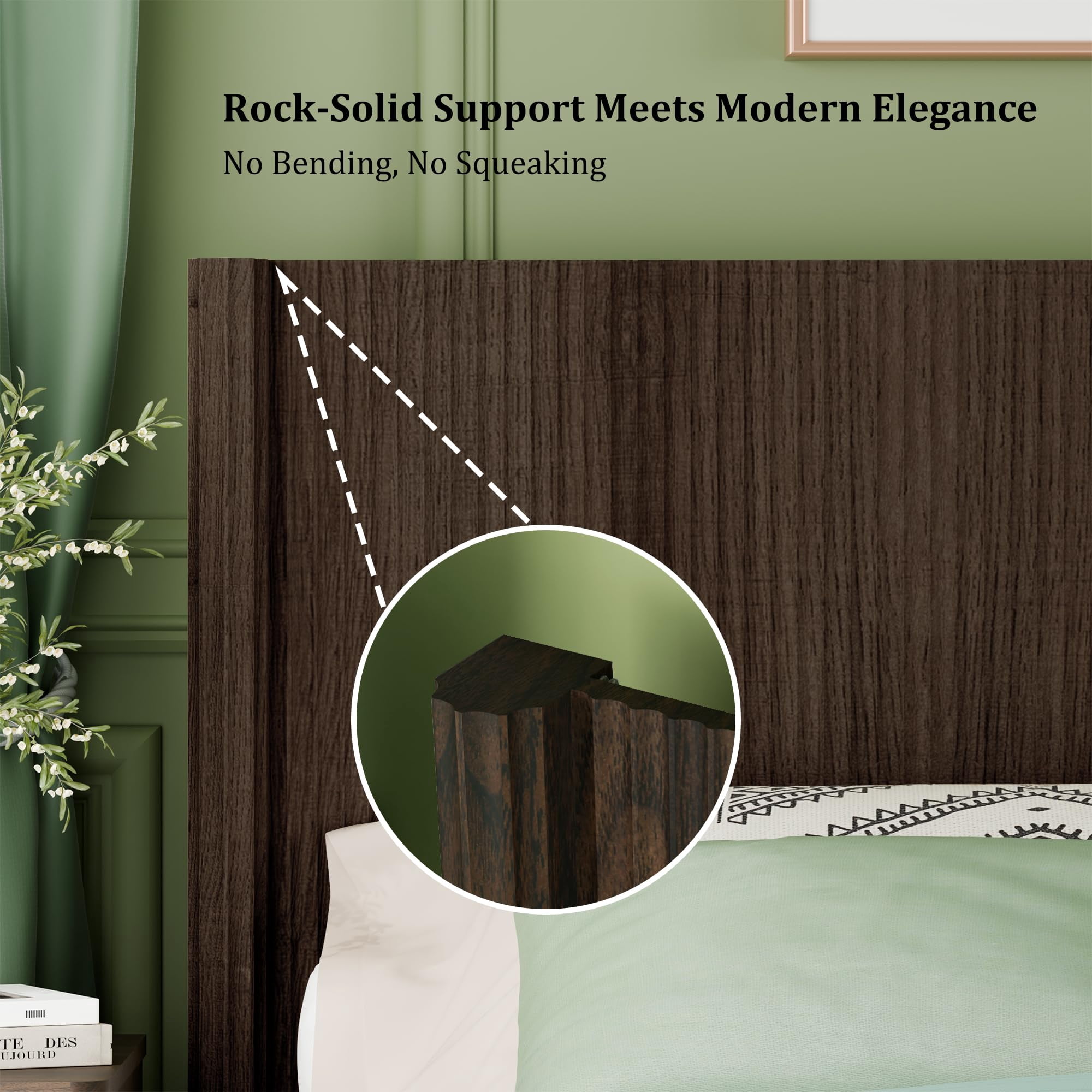 HMstone King Size Boho Headboard Only, Modern Fluted Wall-Mounted Head Board with Lighting, Wood Bed headboard Stylish Bedroom Decor, Espresso
