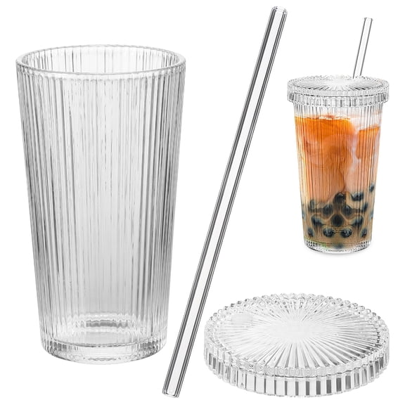 CRILSTYLEO Clear Glass Cup with Lid and Straw for Iced Coffee and Beverages