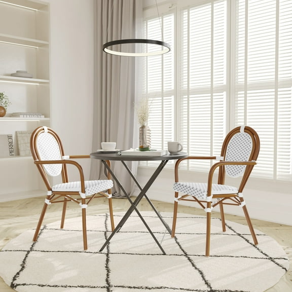 Emma Oliver Set of Two Indoor/Outdoor Stacking Thonet Bistro Style Chairs with Arms, White & Gray PE Rattan Seat and Nat Bamboo Finished Metal Frame