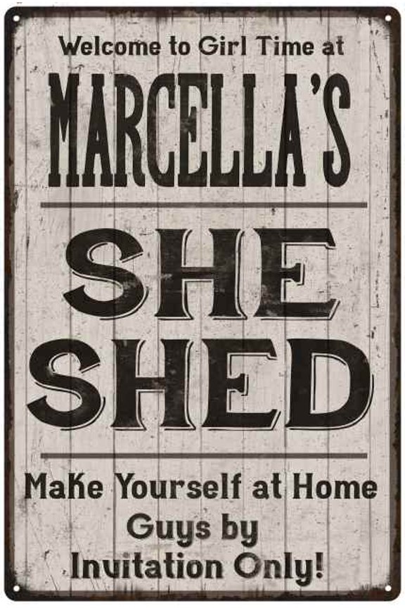 MARCELLA'S She Shed Sign Lady Cave Gift 8 x 12 High Gloss Metal 208120082414
