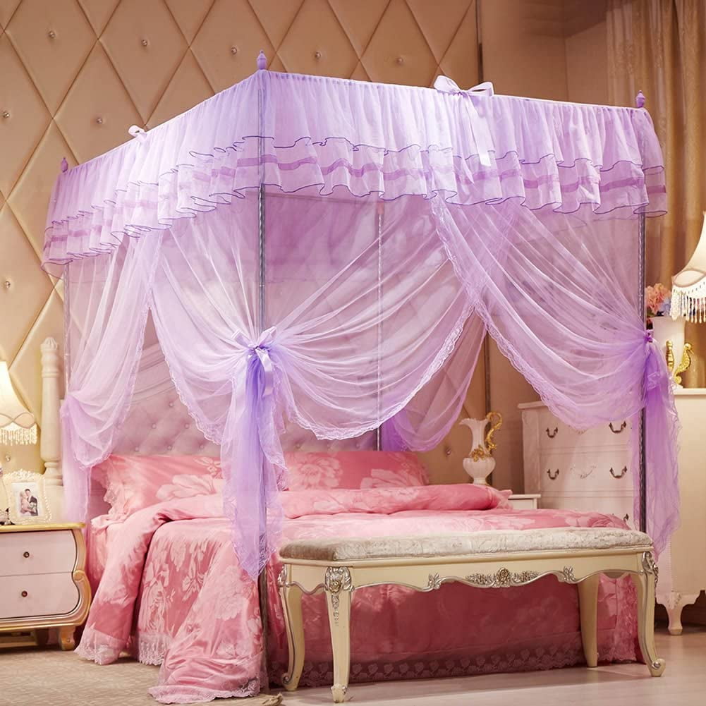 CAILDANL 4 Corners Post Pink Canopy Bed Curtain for Girls & Adults - Cute Cozy Drape Square Netting for Twin Bed - 4 Opening 45" W x 80" L Mosquito Net