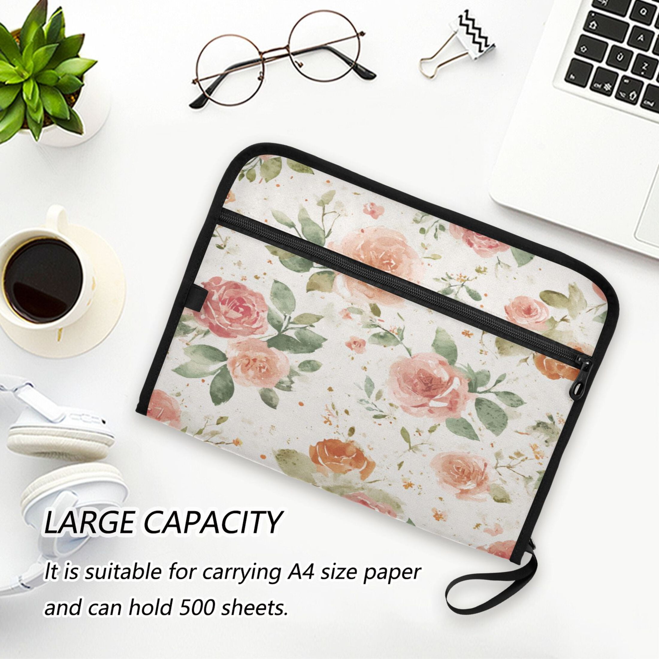 Accordion File Organizer with Zip Closure 13 Pockets Expanding File Folder Letter A4 Paper Document Organizer for Home Office Watercolor Rose Floral Pattern