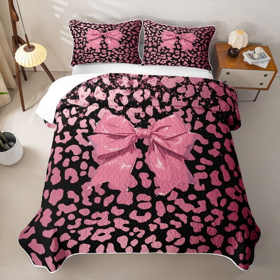 Homewish Dreamy Bow Twin Quilt Set for Kids Girls, Pink Leopard Print Twin Coverlet Set, 2pcs 1 Bedspread and 1 Pillowcase
