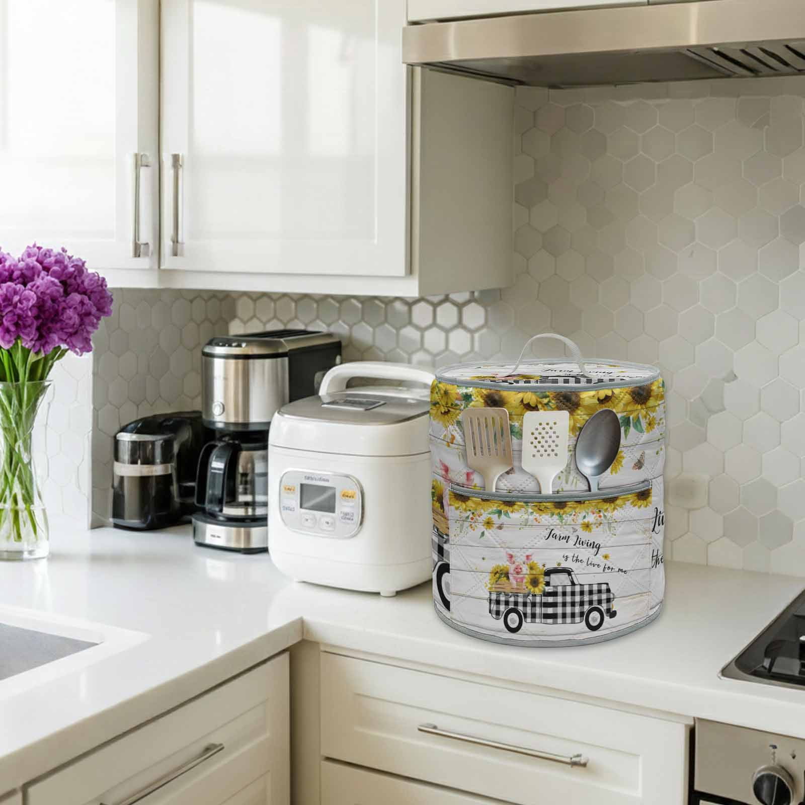 Pig Truck Sunflower Rice Cooker Cover 6 Quart Vintage Farm Loads of Sunshine Board Pressure Cooker Cover Appliance Protector Dust Case with Pocket and Handle for Kitchen
