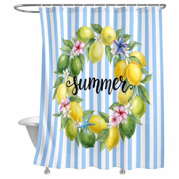 Lemon Wreath Shower Curtain, Summer Fruit Frangipani Starfish Blue Stripes Lightweight Waterproof Fabric Shower Curtain with Rustproof Grommets for Bathroom Bathtub 72x96in