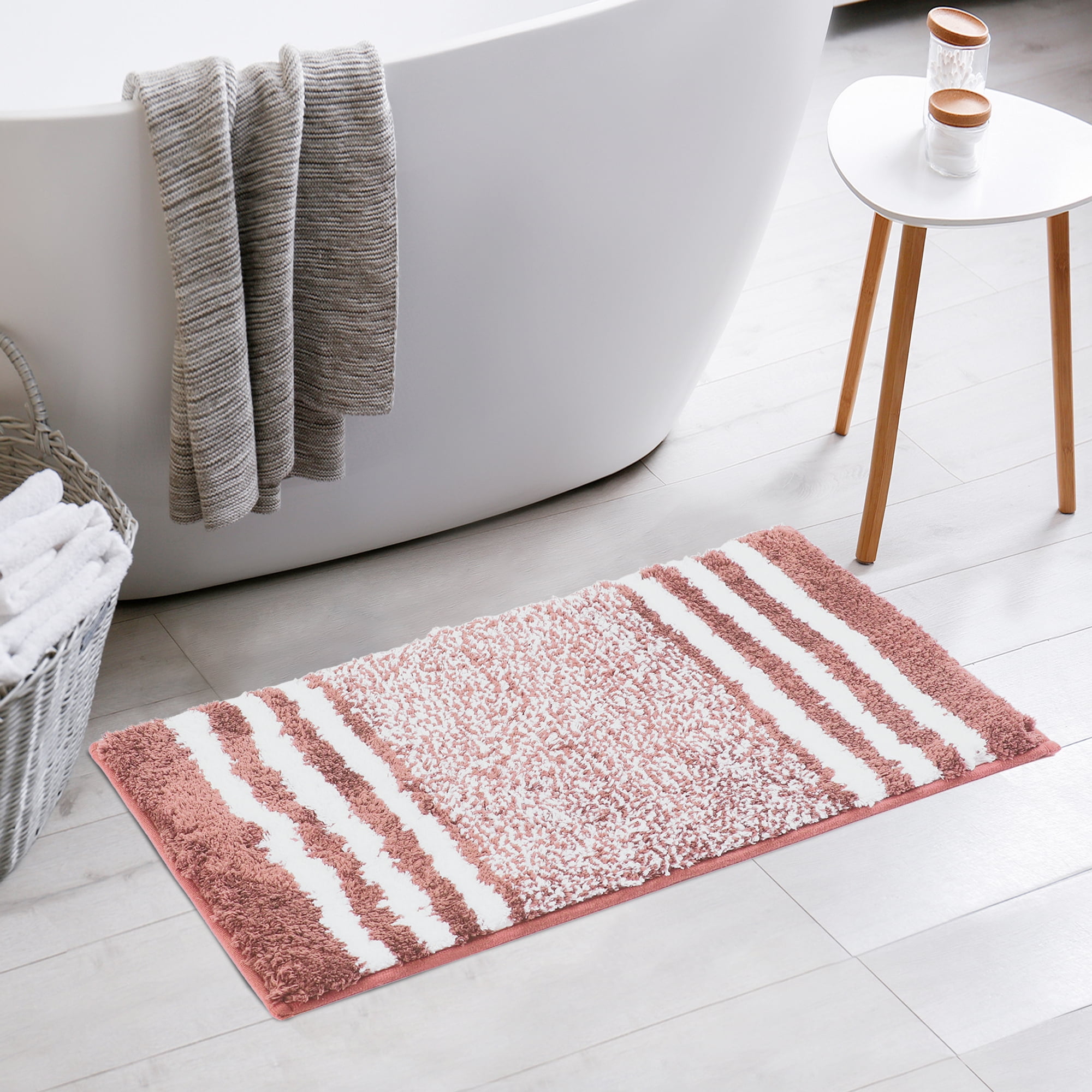Unique Bargains Microfiber Bath Rugs Striped Non-Slip Floor Mat Rosy Brown 16"x24"