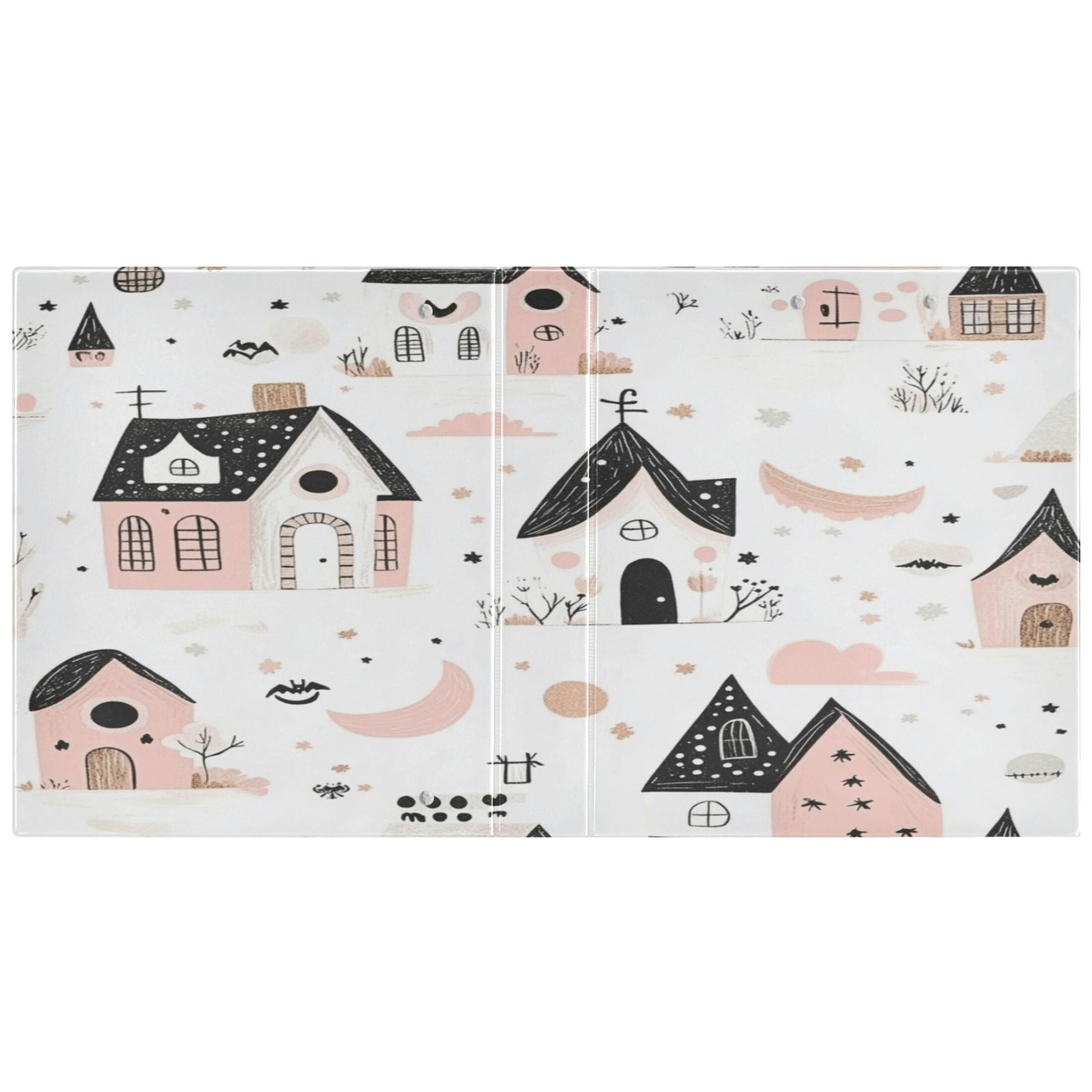 Cute House Pattern 12.4x10.6in PVC Round Ring Binder, D-Ring 3-Hole, Metal Clip, 200 Sheets
