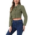 thumbnail image 4 of INSPIRE CHIC Women's Denim Jacket Puff Long Sleeve Cropped Length Washed Western Jacket M Army Green, 4 of 6