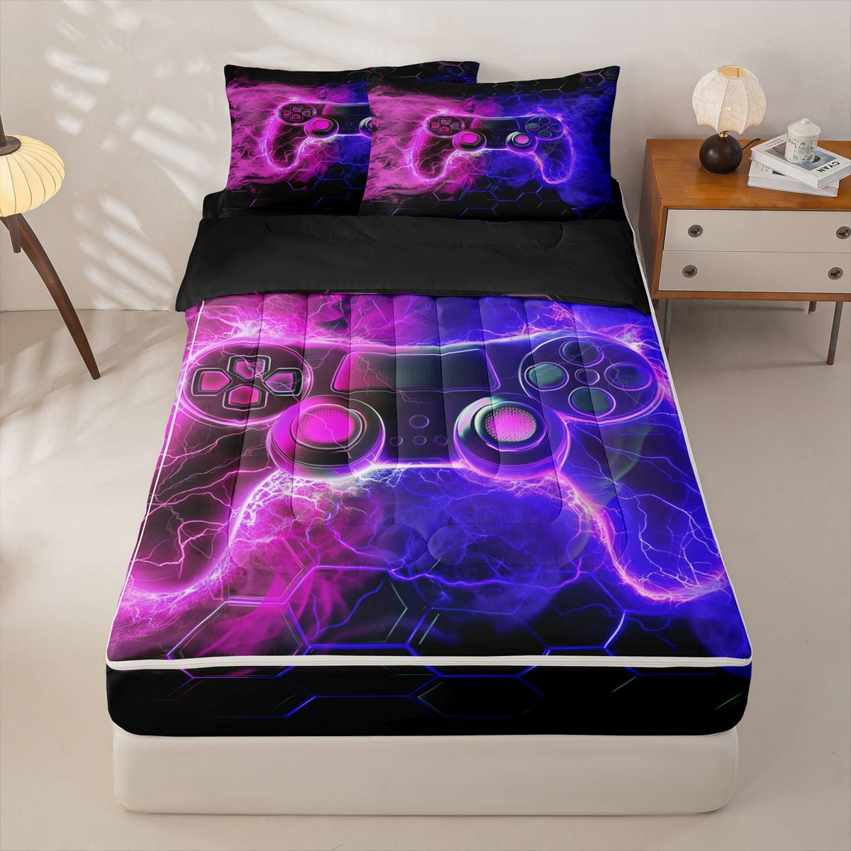 Homewish Boys Gamer Zipper Twin Comforter Sets with Fitted Sheet and 2 Pillowcases Young Man Video Games Zipper Bedding Set For Gamepad Gaming Lovers Black Reversible 4-Piece