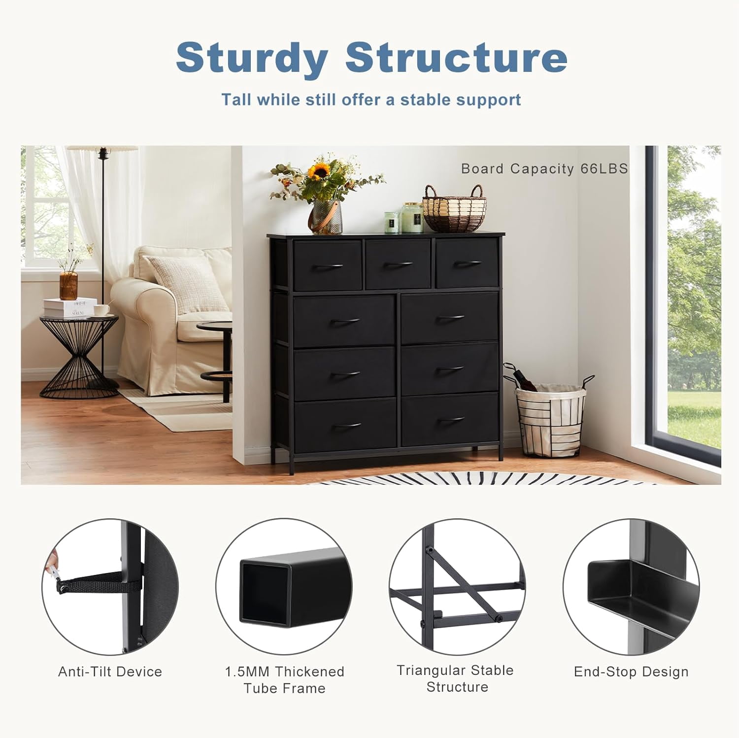 Dresser for Bedroom, Storage Organizer with 9 Drawers, Chest of Drawers with Fabric Bins, Sturdy Metal Frame, Wood Tabletop for Guest Room, Closet, Entryway, Nursery,Black