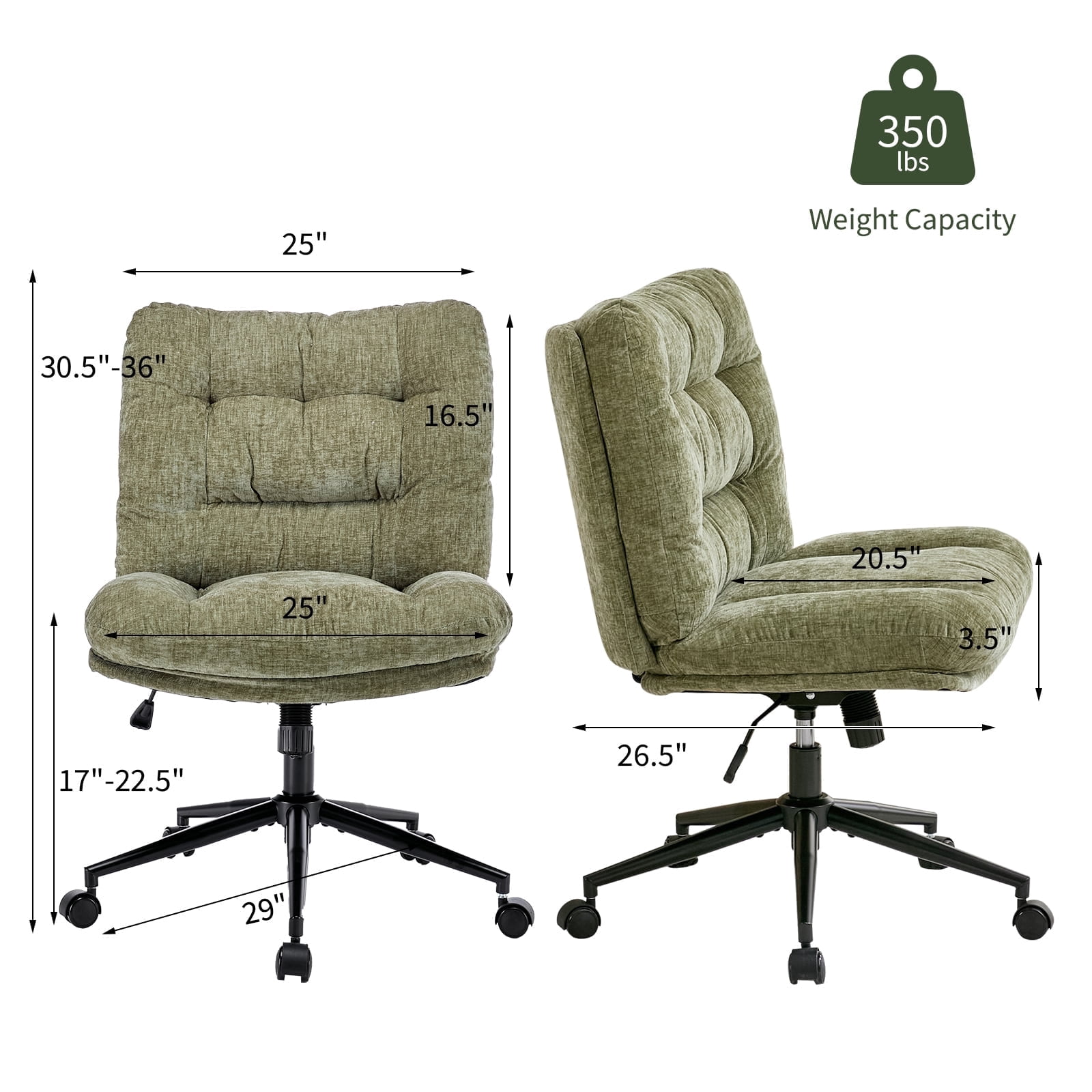 Soft Chenille Cross-Legged Office Chair, Wide Seat Armless Desk Chair with Double Cushion, Swivel Adjustable Vanity Chair for Bedroom, Home Office, Green,EliteEdge