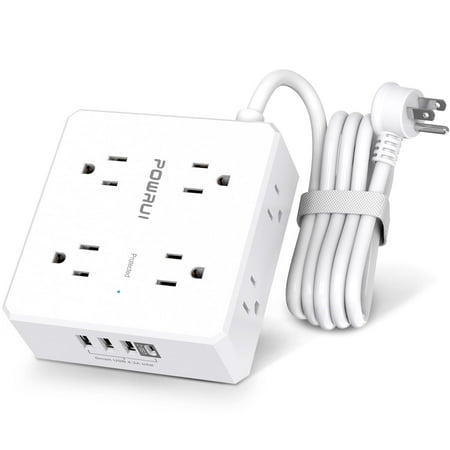 Surge Protector Power Strip - 6 Ft Flat Plug Extension Cord with 8 Widely Outlets and 4 USB Ports(1 USB C), 3 Side Outlet Extender for Home Office, White, ETL Listed BE7