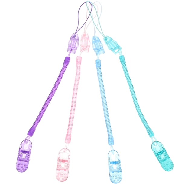 4 pinzas de silicona transparente para chupete de bebé, con cadena y correas, en color rosa, azul, morado y verde.