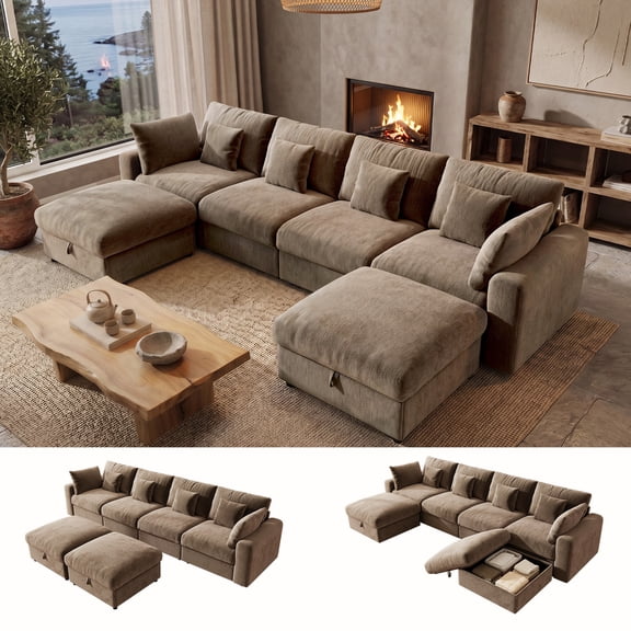 BedLuxury 140" Large Modular Sectional Sofa with 2 Removable Storage Ottomans, Extra Deep Seat Cloud Couch for Living Room, Chenille Brown