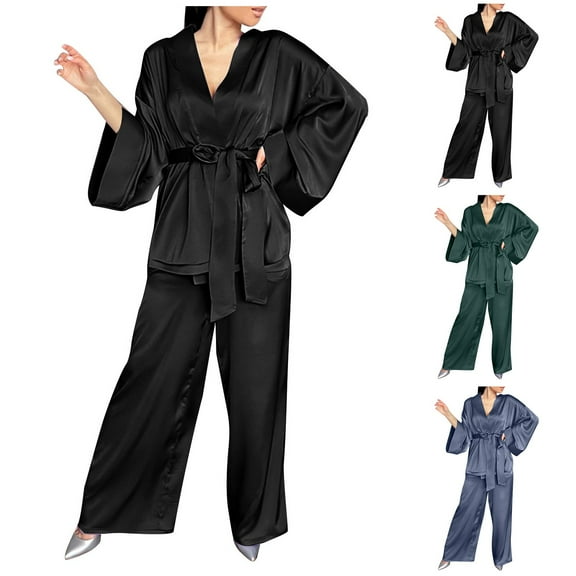 Elainilye Fashion Women Pjs Sets Summer Casual V-neck Sleepwear Two Piece Set Pockets Pajama Sets Homewear Loungewear,Black