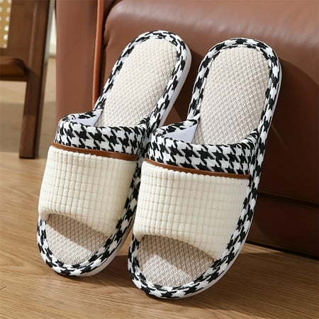 

Cozy houndstooth slippers-soft linen sole open-toe design breathable comfortable casual indoor shoes for home relaxation-easy slip-on style