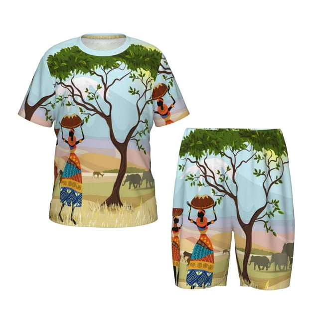 Bingfone Femmes Africaines pour Enfants Ensemble de Pyjamas Col Rond, Pyjamas à Manches Courtes avec Taille Élastique et Shorts Ensemble Deux Pièces, Adapté pour Garçons et Filles Tenue de Maison-TG