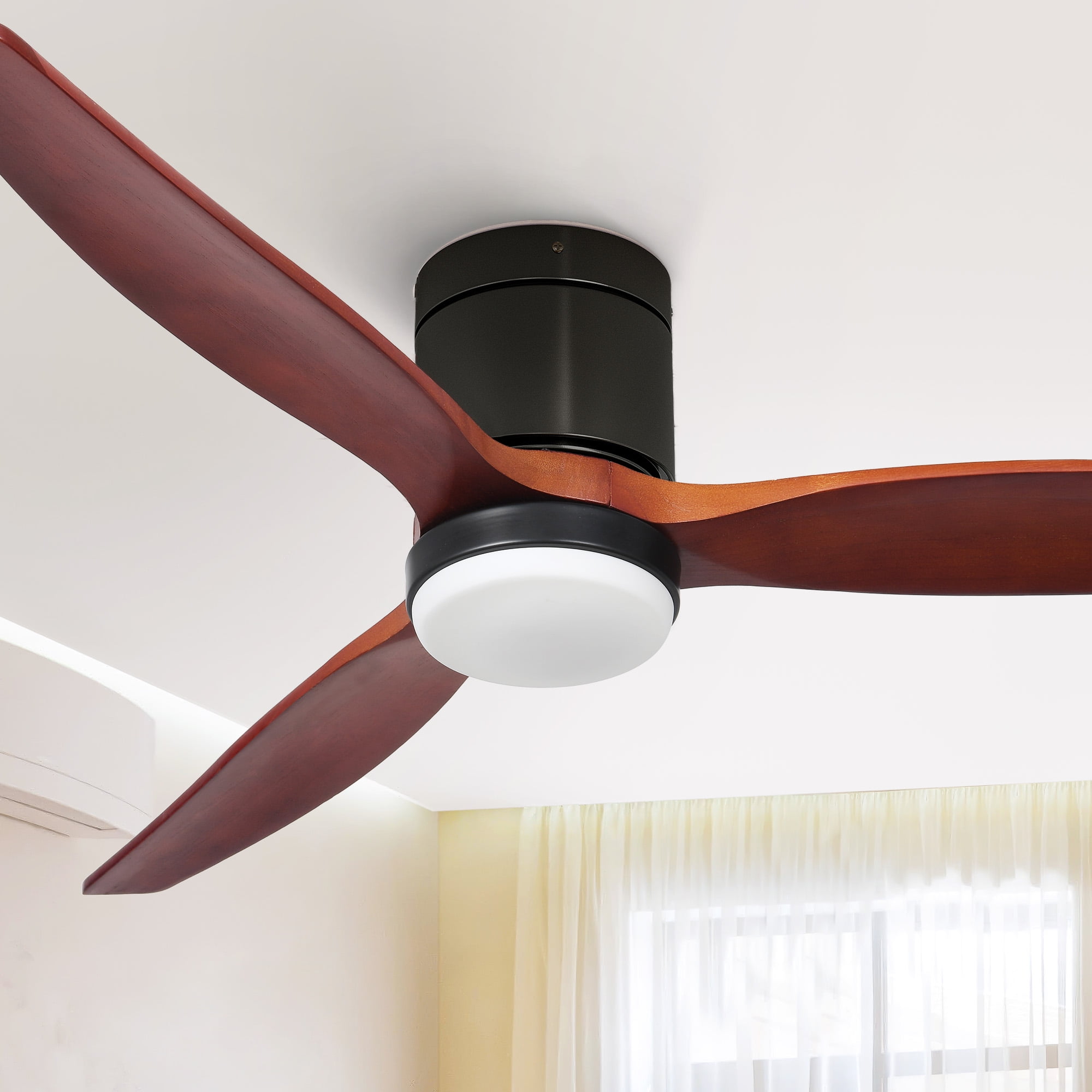 Dextrus 52 Inch Ceiling Fan with Light and Remote, Wall Control Flush Mount Fan Light with 6 Speed, 3 Blades,Reversible Airflow - Black & Walnut