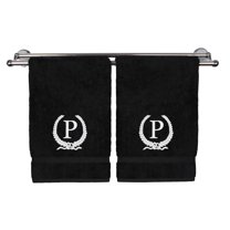 Monogrammed Hand Towel, Personalized Gift, 16 x 30 Inches - White Letter Embroidered with Wreath Design on Black Towel - Extra Absorbent - 100% Turkish Cotton - Soft Terry Finish - Initial P
