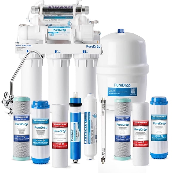 RTW5U Sistema de Filtración de Agua por Ósmosis Inversa con Filtro UV, Sistema de Filtración de Agua RO con Reducción de TDS Ultravioleta, Filtro de Agua de 6 Etapas, 50 GPD