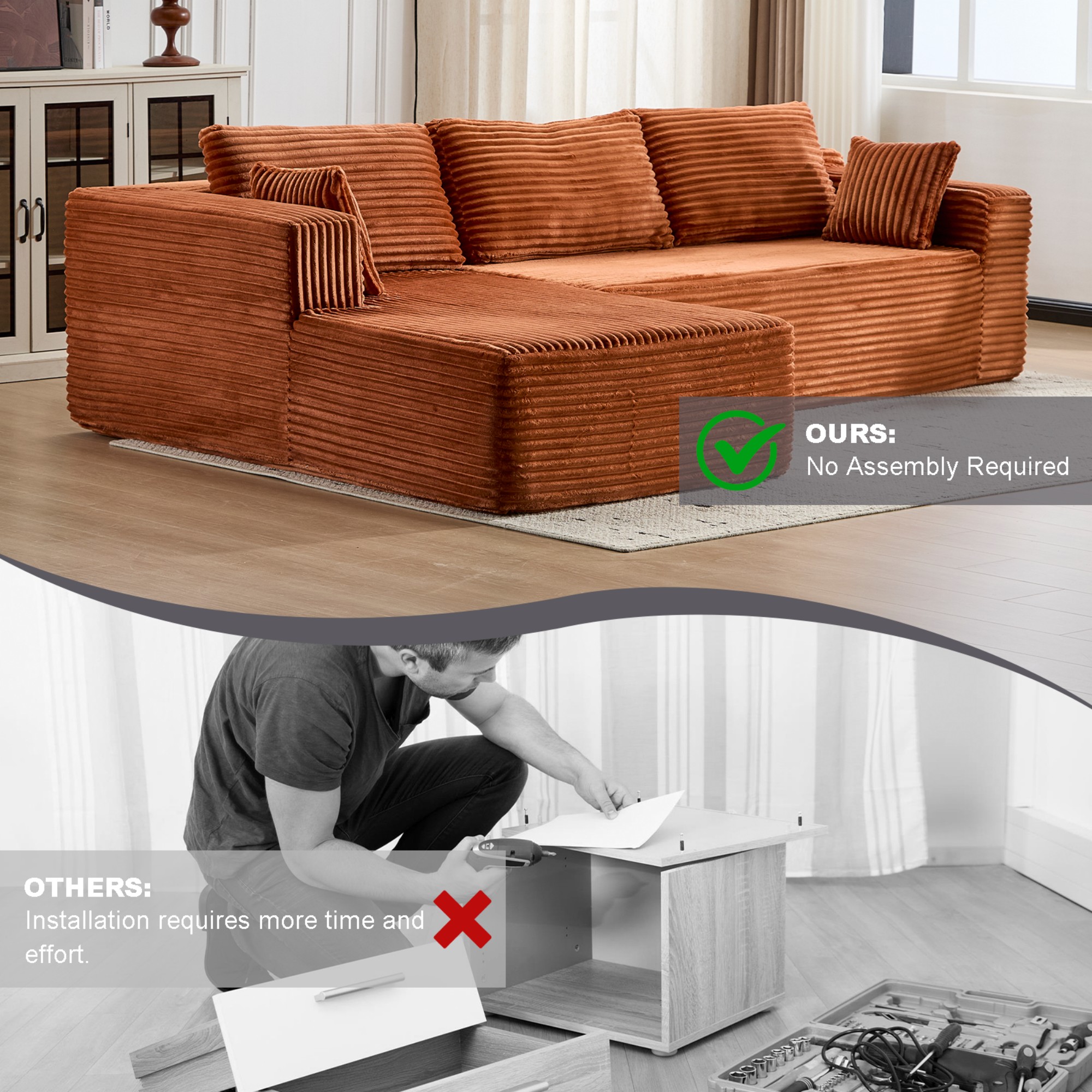 L-Shape Sectional Sofa Couch with Comfy Chaise,Modular Compression Sectional Couch with Deep Seat,Corduroy Sleeper Sofa Couches for Living Room Bedroom Apartment,Brown