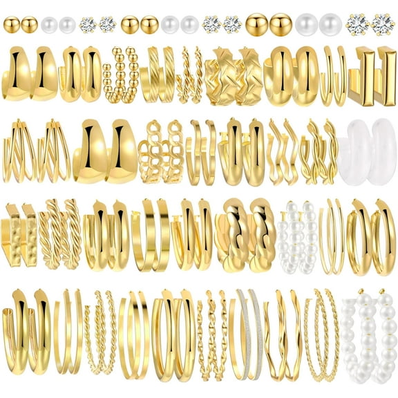 45 Fine Pairs Gold Hoop Earrings designed for Women Multipack, Trendy Hypoallergenic Chunky Twisted Pearl Gold Earrings Set, Fashion Statement Thick Large Stud Earings Pack Jewelry Gift[e179]
