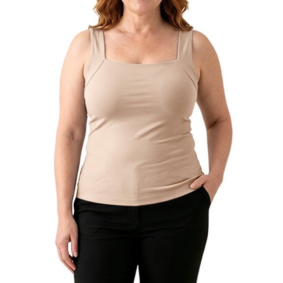 TZZQ Women's Plus Size Built-in Bra Tank Tops Summer Strechy Sleeveless Square Neck Tee Shirt Loose Fitted Double Layer T-Shirts Soft Basic Camisole Tops Athletic Workout Undershirts Beige Xxl