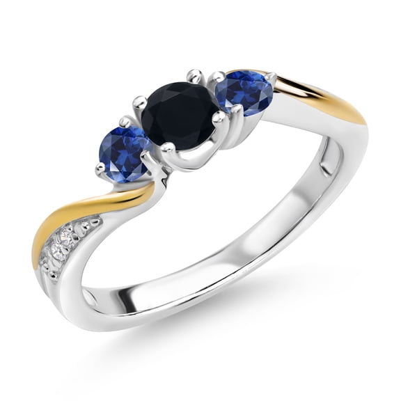 Gem Stone King 925 Sterling Silver Black Onyx Blue Created Sapphire and White Lab Grown Diamond 3 Stone Engagement Ring for Women | 0.53 Cttw | Gemstone Birthstone | Size 5, 6, 7, 8, 9 | Size 8