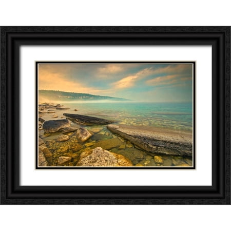 Jaynes Gallery 24x17 Black Ornate Wood Framed with Double Matting Museum Art Print Titled - Canada-Ontario-Morning fog on Georgian Bay Limestone Rock Barrow Bay Bruce Peninsula