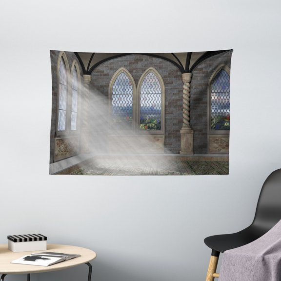 Fantasy Tapestry, Crepuscular Rays Streaming Through Stained Glass Window Ancient Palace Castle, Wall Hanging for Bedroom Living Room Dorm Decor, 60W X 40L Inches, Grey Cream White, by Ambesonne