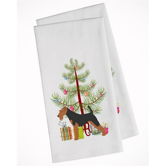 Airedale Terrier Merry Christmas Tree White Kitchen Towel - Set of 2