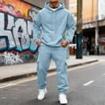 thumbnail image 3 of yuCgh Men's Fleece-Lined Thermal Two-Piece Tracksuit Set, Solid Color Hoodie with Cargo Joggers and Elastic Waist for Casual Outdoor Activities,Light Blue 3XL, 3 of 9