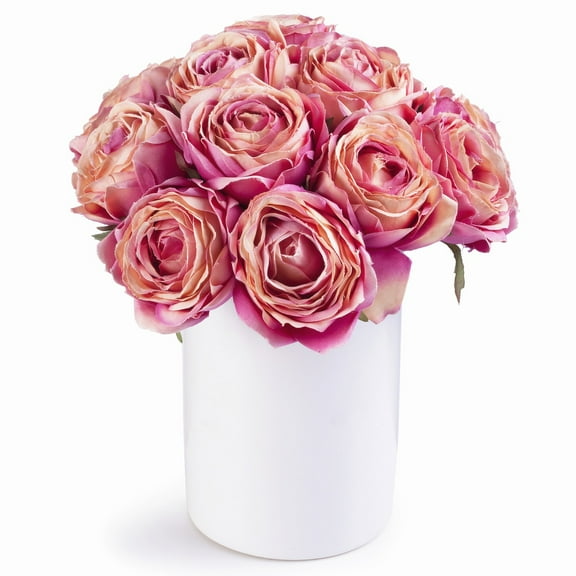 Enova Home Artificial Medium Violetred Rose Silk Flowers Arrangement in Ceramic Vase