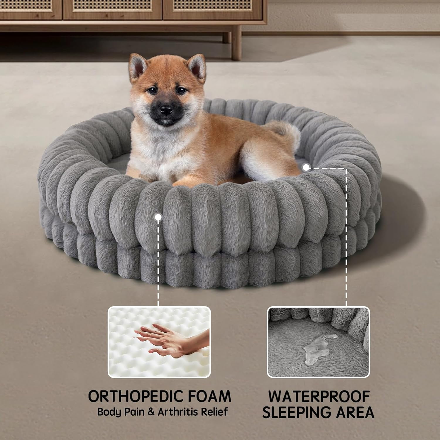 Luxury Donut Dog Bed, 30 Inches Round Dog Bed Medium Size Dogs Washable, Orthopedic Calming Dogs Bed for Pets with Anti-Slip Bottom, Gray