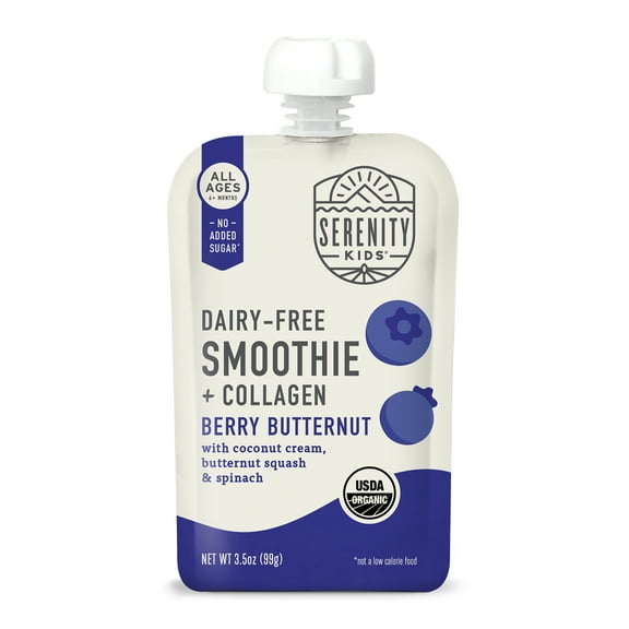 Serenity Kids Dairy Free Organic Berry & Butternut Smoothie Protein Stage 2 Baby Food Grass Fed Collagen, 3.5oz Pouch