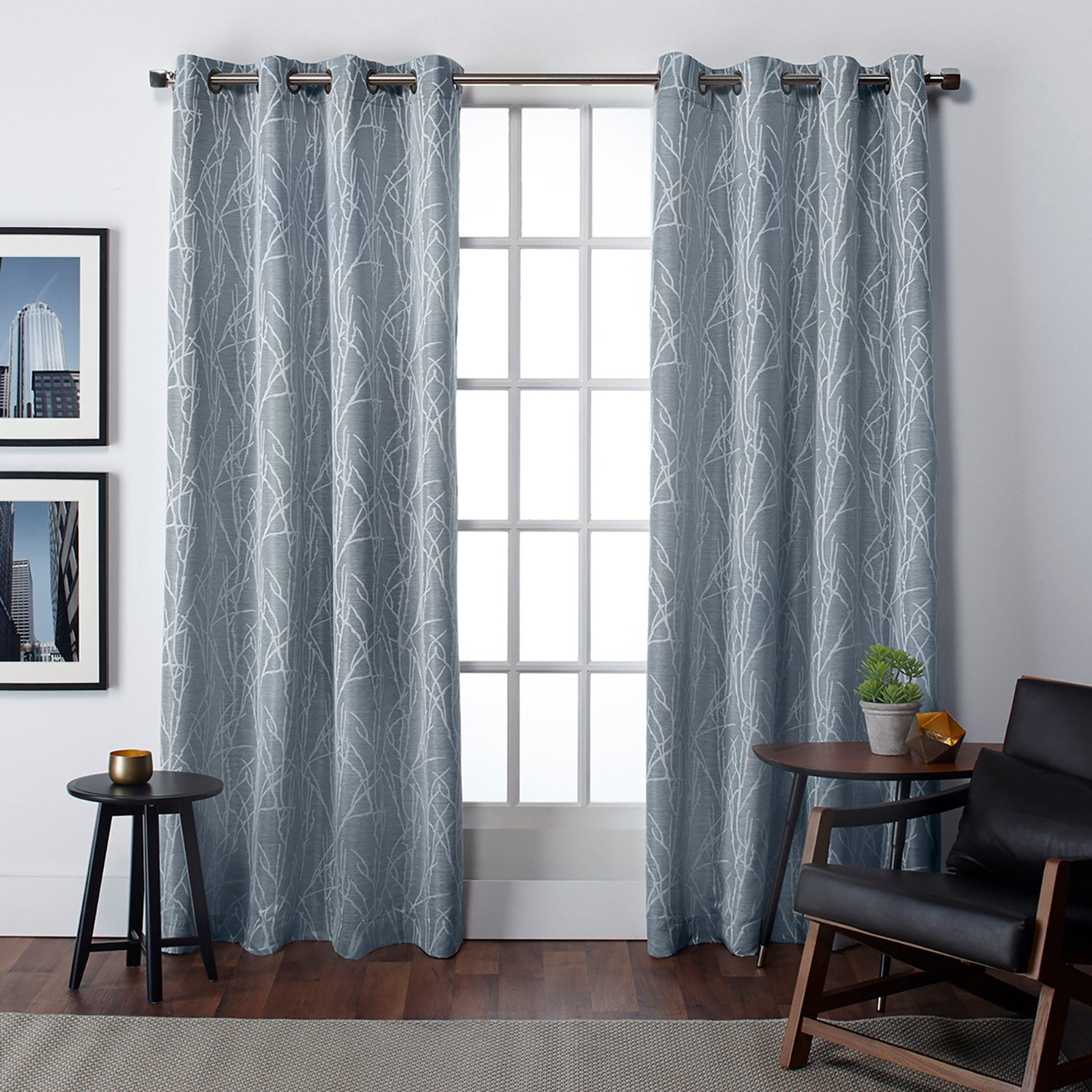 Exclusive Home Finesse Branch Print Grommet Top Curtain Panel Pair, 54"x96", Steel Blue