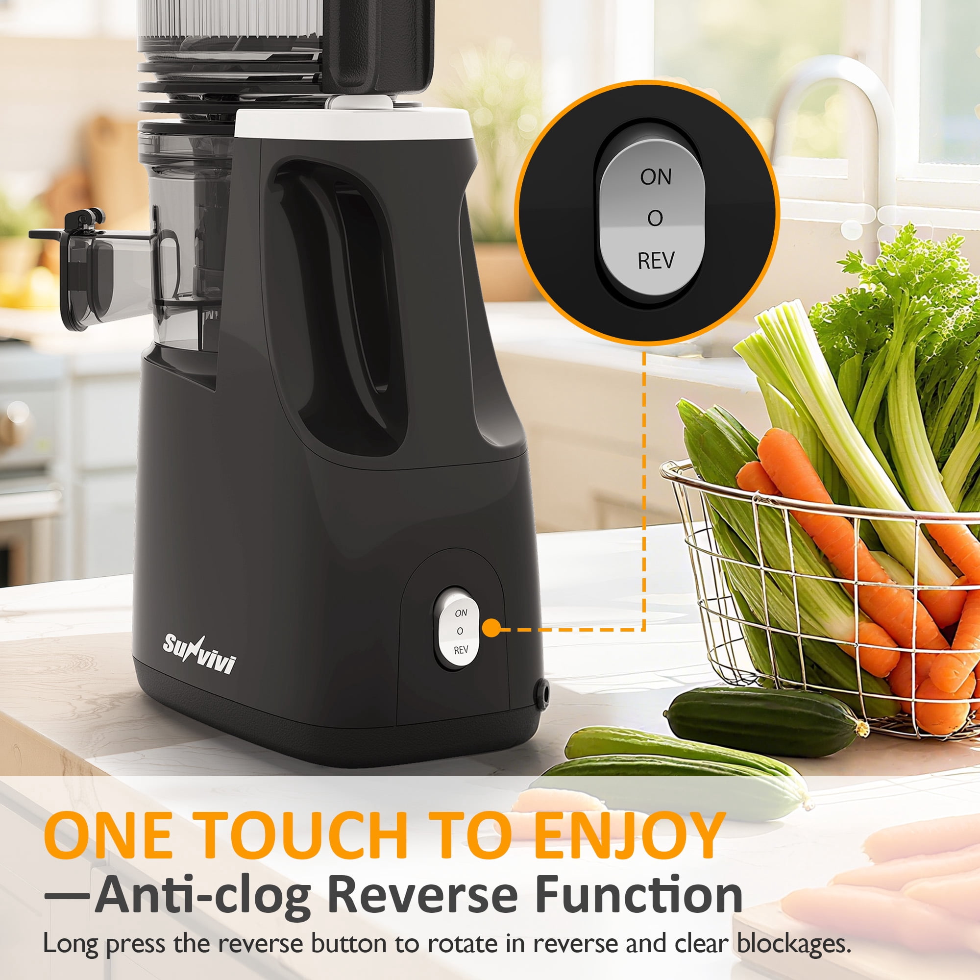 May in Color Slow Cold Press Juicer 5.9" Wide Feed Chute Masticating Juice Extractor - Black
