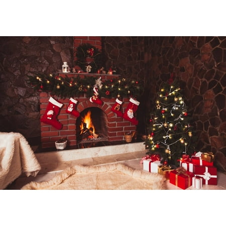 Vintage Christmas Music Background GreenDecor Polyester Fabric 7x5ft Red Brick Fireplace Christmas Backdrop Vintage Stone Wall Glitter Christmas Tree Photography Backdrop Christmas Background for Parties ()