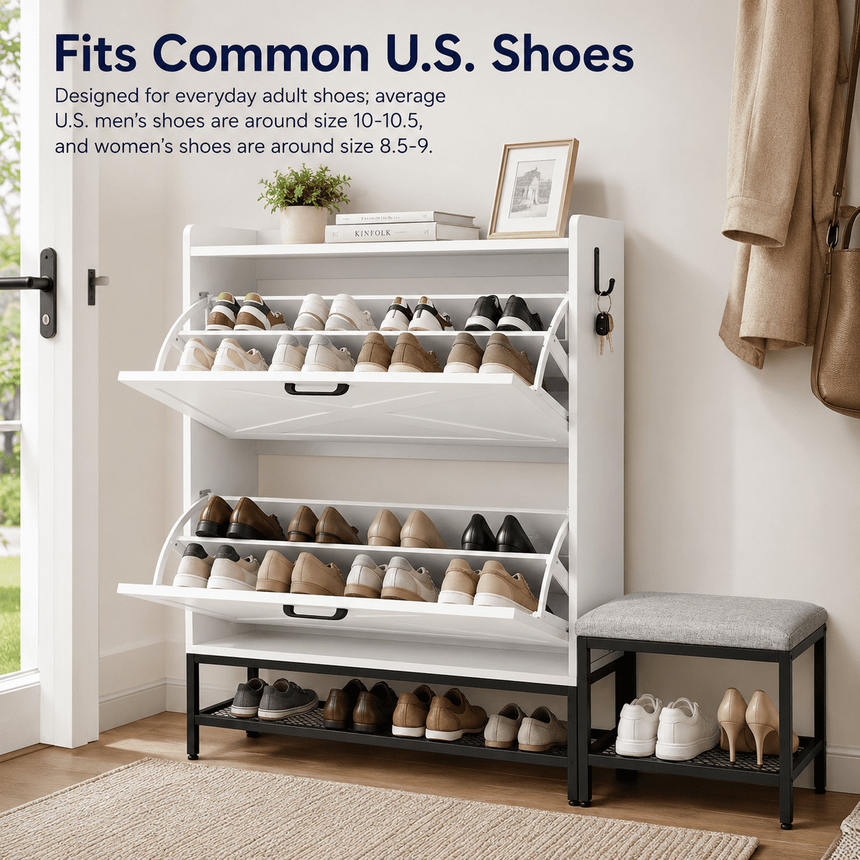 Alvantor Shoe Cabinet with Bench, 2 Flip-Down Drawers, Holds 10-14 Pairs, 39.4" W, White