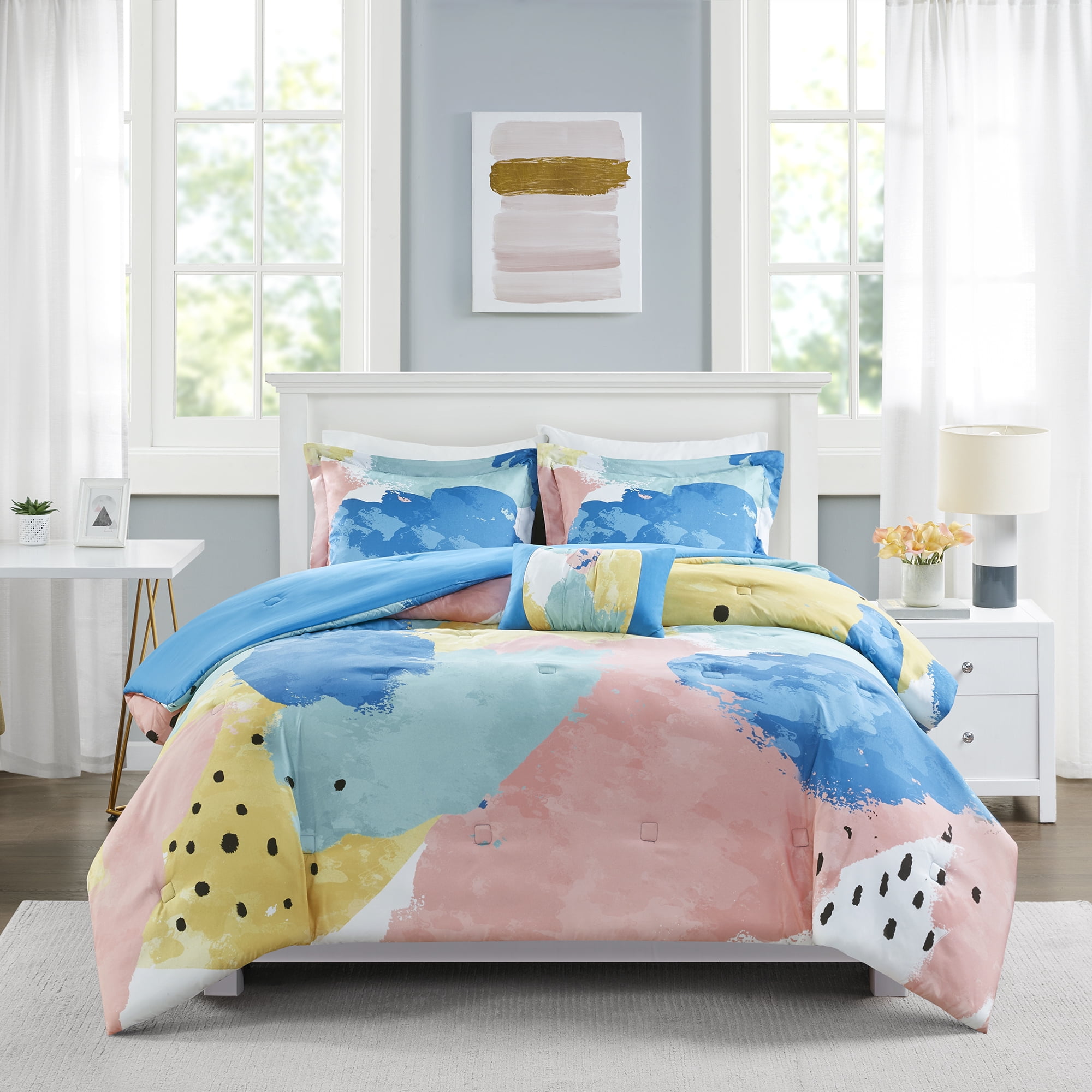 Mainstays MultiColor Pastel Brush Strokes 4Piece Comforter Set, Full