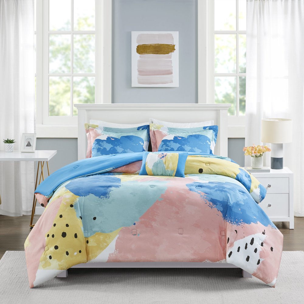 Mainstays MultiColor Pastel Brush Strokes 4Piece Comforter Set, Full