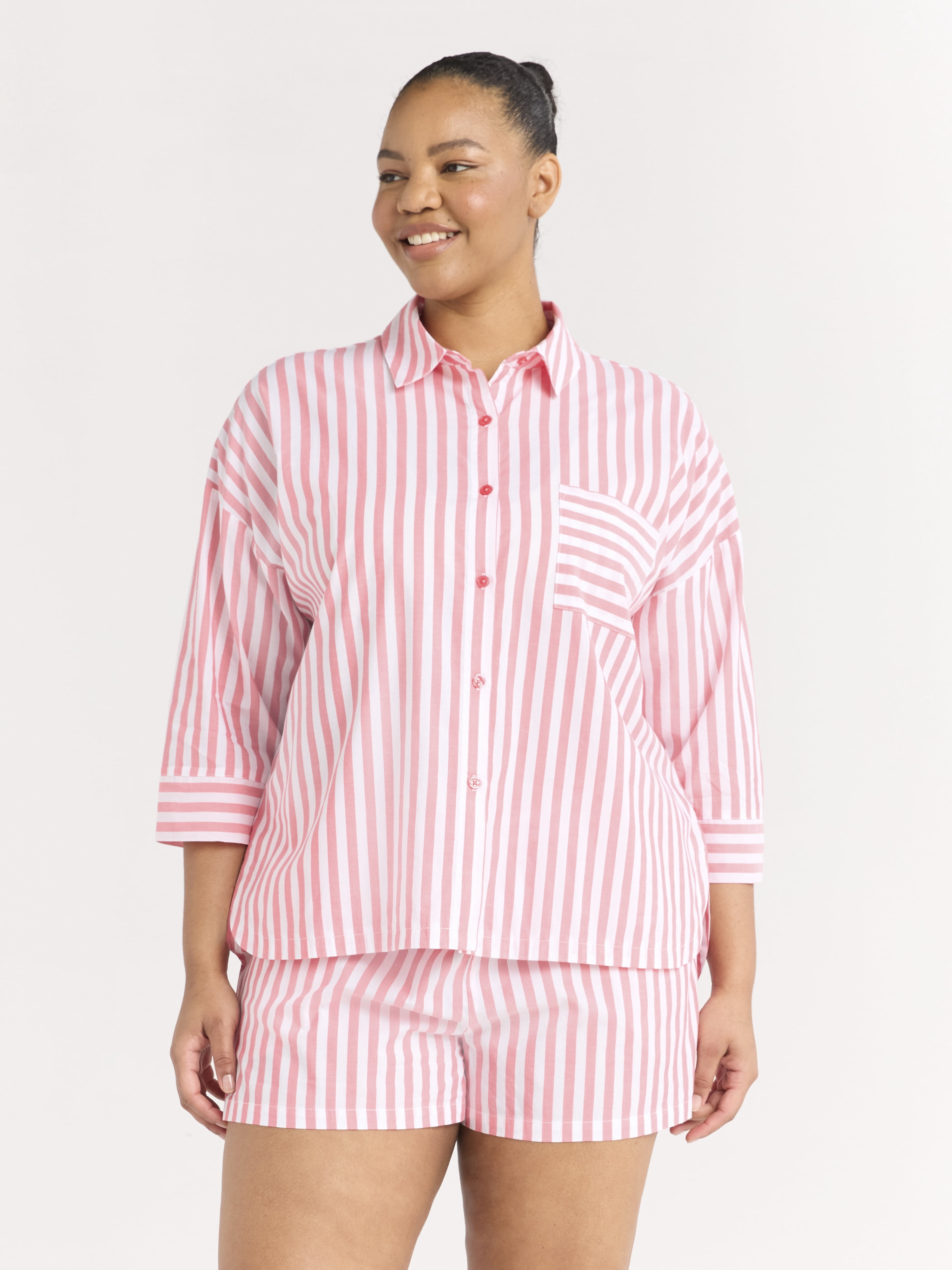 Joyspun Women’s Woven ¾ Sleeve Notch Collar Top and Boxer Shorts Pajama Set, Sizes XS-3X