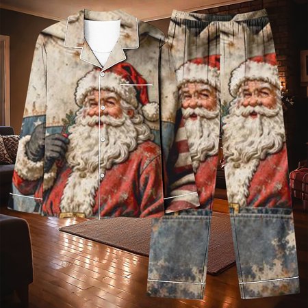 YUNAFFT Festive Christmas Print Long Sleeve Pajama Set with Collar Button Front Pockets Elastic Waist for Women