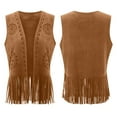 thumbnail image 6 of Women Hollow Tassel Vest Faux-Suede Fringe Jacket Boho Western Sleeveless Open Front Hippie Cardigan Brown, M, 6 of 7