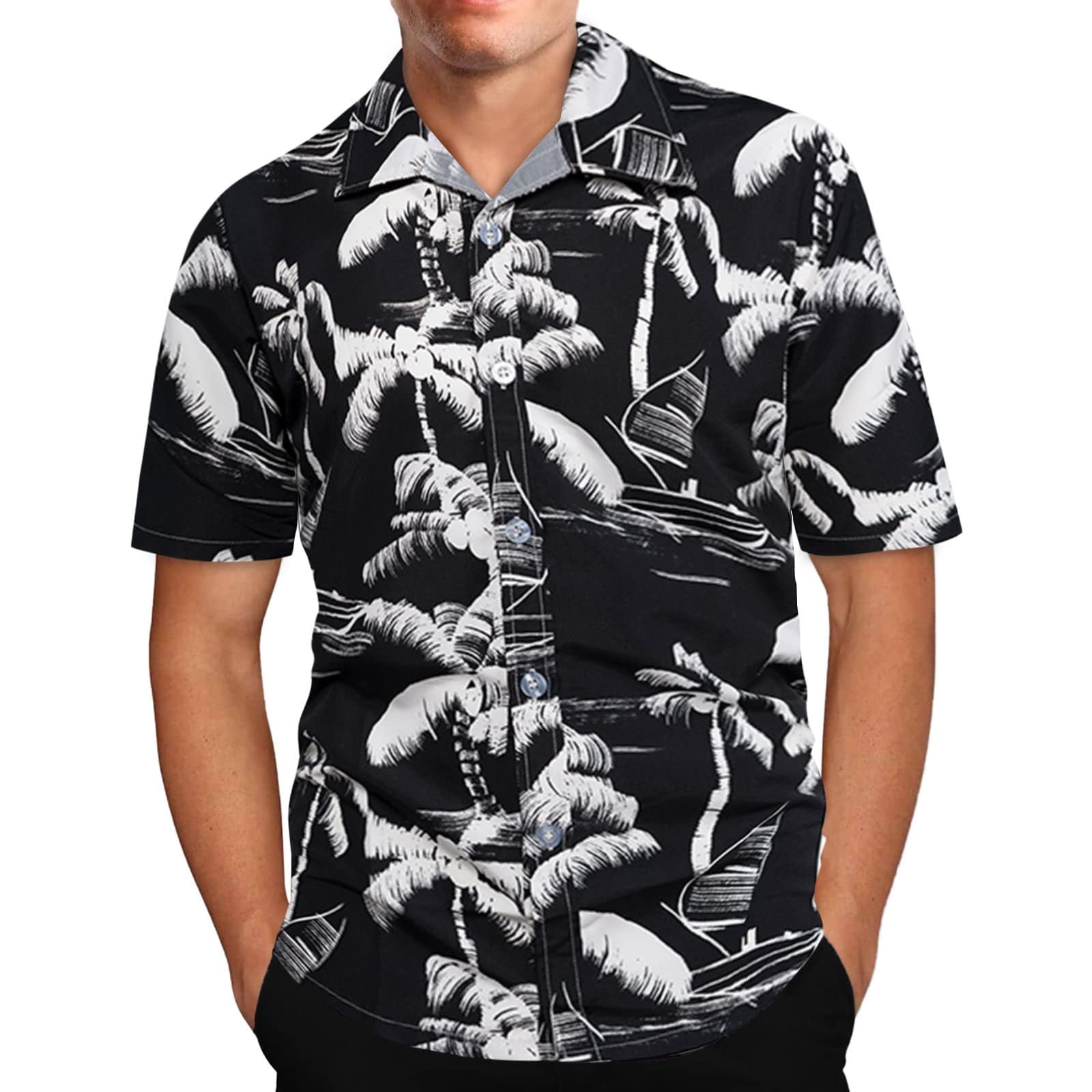 ZCFZJW Mens Summer Tropical Shirts Summer Floral Print Short Sleeve Button  Down Aloha Hawaiian Shirts Big and Tall Regular Fit T-Shirt Top Black  XXXXXL 