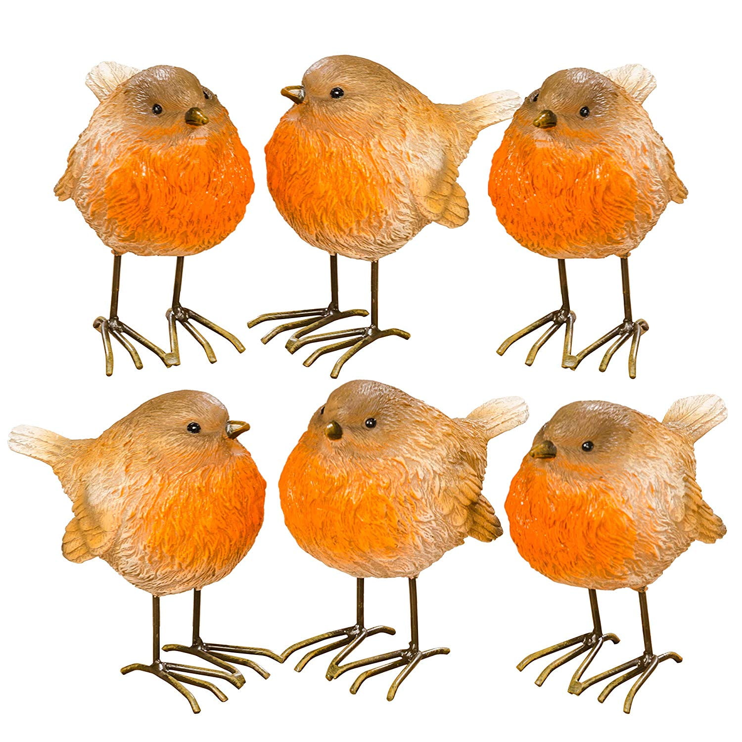 Realistic Robin Birds, Set of 6, Statues, Tawny Brown with a Touch of