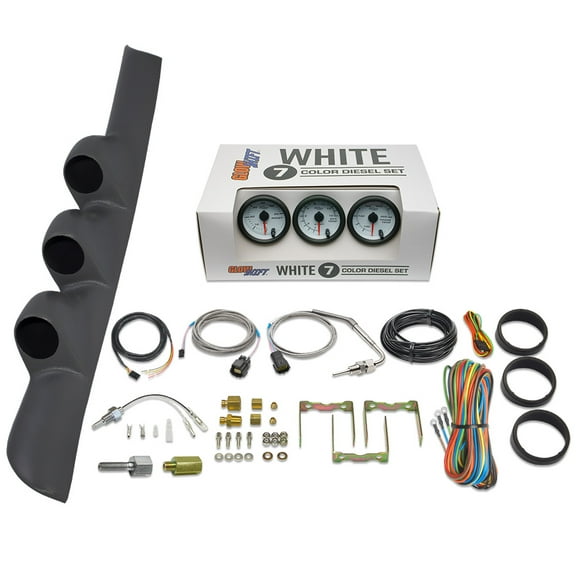 GlowShift | 2nd Gen 1998-2002 Dodge Ram 5.9 Cummins Gray Triple Pillar Pod with White 7 Color Series 60 PSI Boost Gauge, 1500 Pyrometer EGT Gauge & Trans Temp Gauge