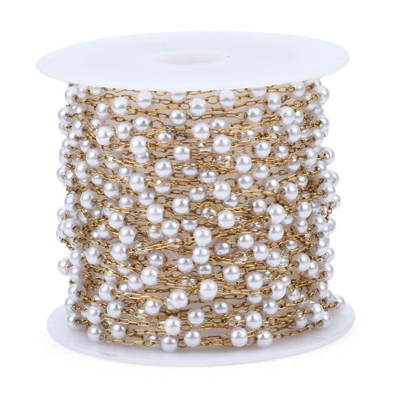 Plastic Pearl Round Beaded Chains with Golden 316 Stainless Steel Cable Chains Soldered with Spool Creamy White 3x2.5mm 16.40 Feet(5m)/Roll